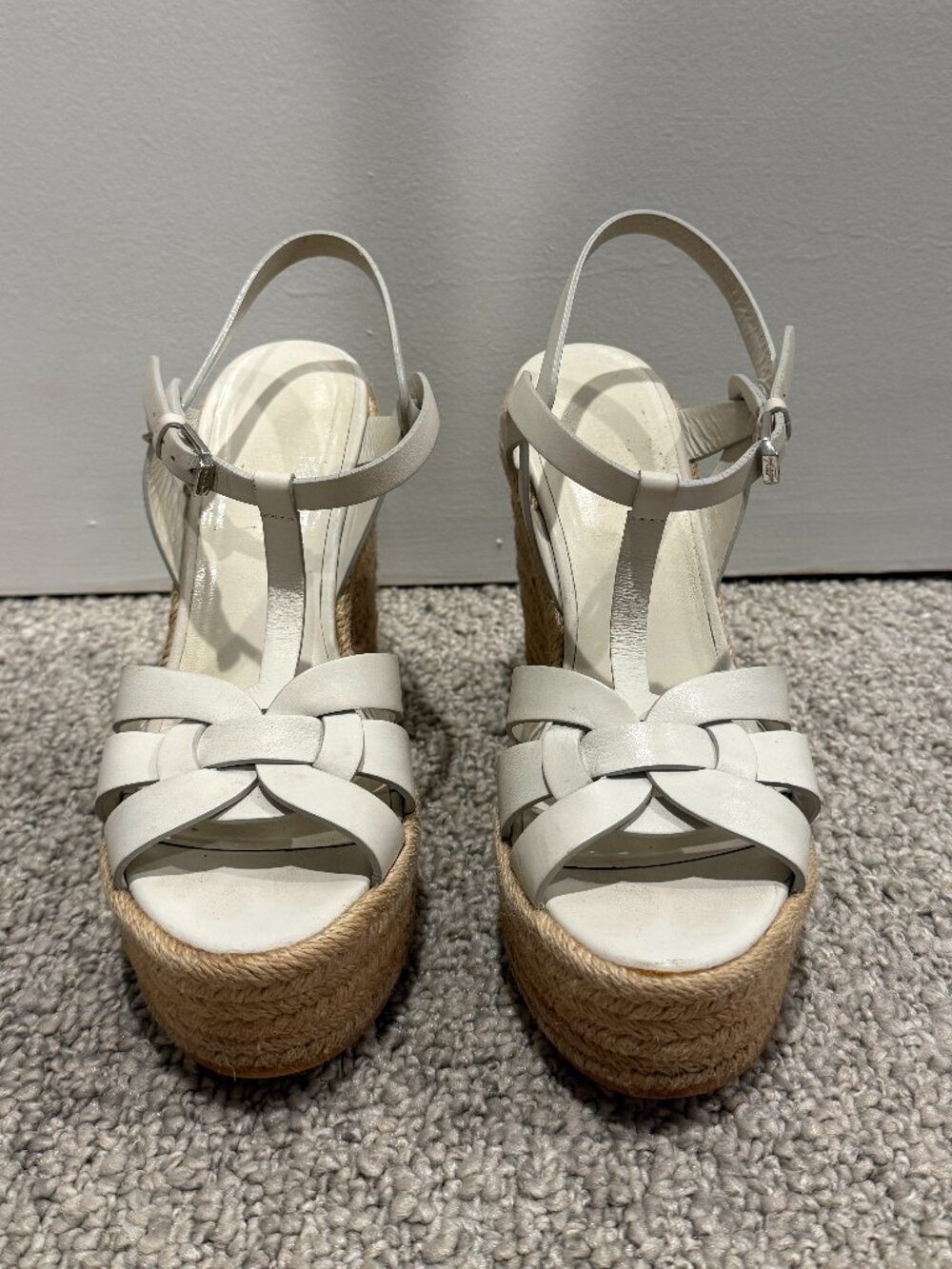 Saint Laurent Women's Tribute Espadrilles Wedge Sandals in White Smooth Leather